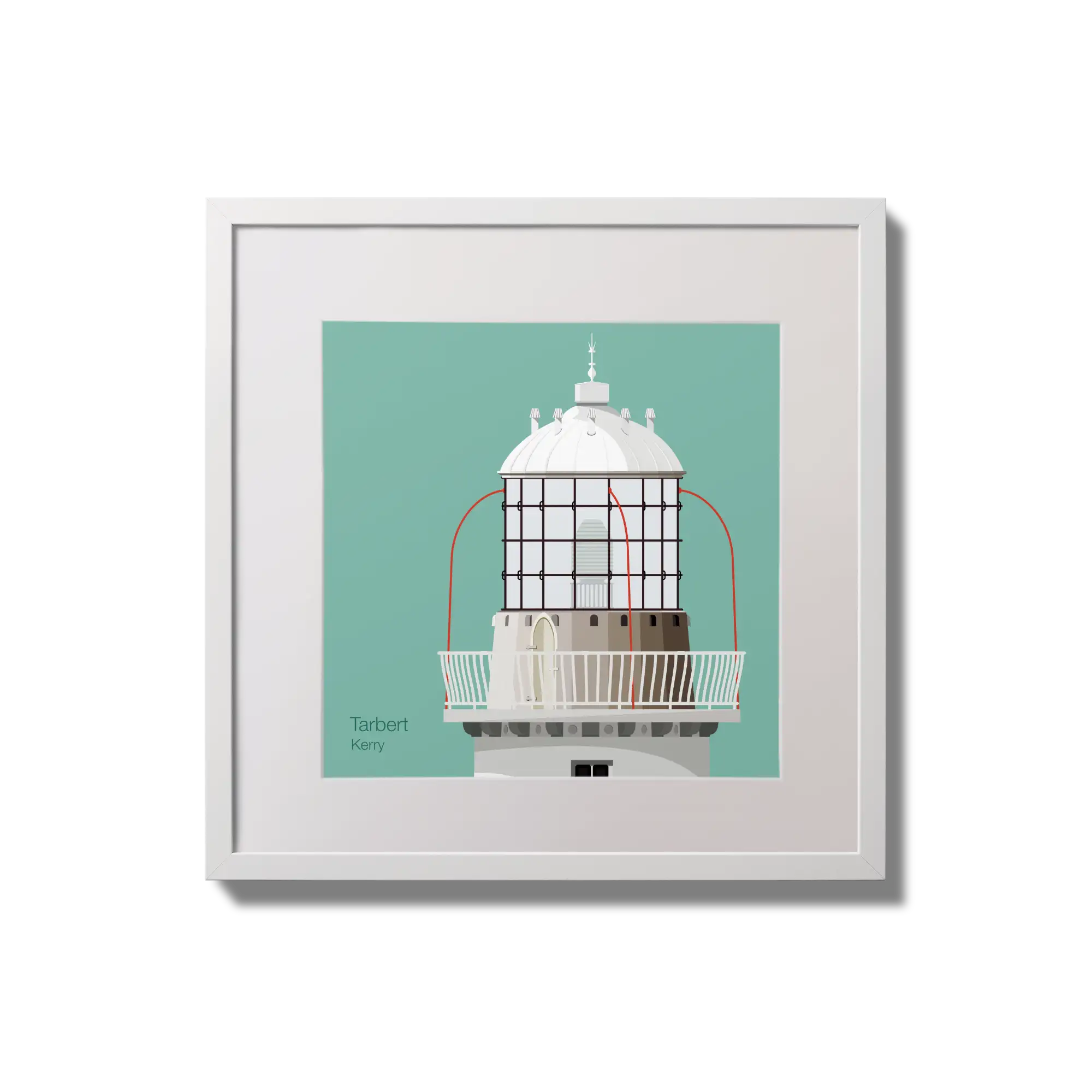 Contemporary wall hanging Tarbert lighthouse on an ocean green background,  in a white square frame measuring 20x20cm.