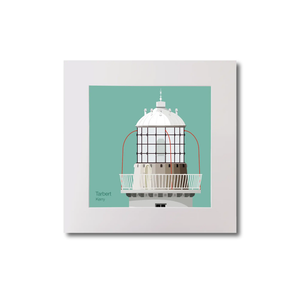 Illustration Tarbert lighthouse on an ocean green background, mounted and measuring 20x20cm.