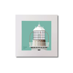 Illustration Tarbert lighthouse on an ocean green background, mounted and measuring 20x20cm.