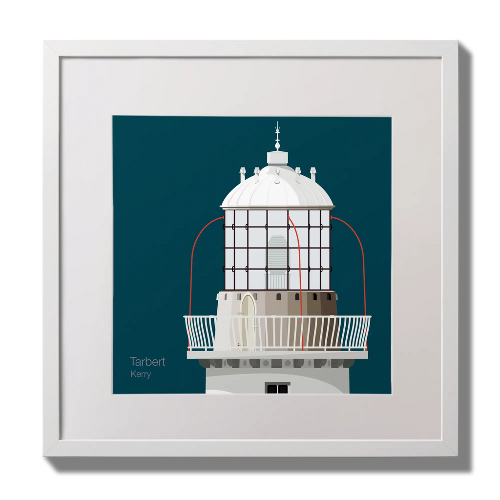 Illustration Tarbert lighthouse on a midnight blue background,  in a white square frame measuring 30x30cm.