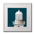 Illustration Tarbert lighthouse on a midnight blue background,  in a white square frame measuring 30x30cm.