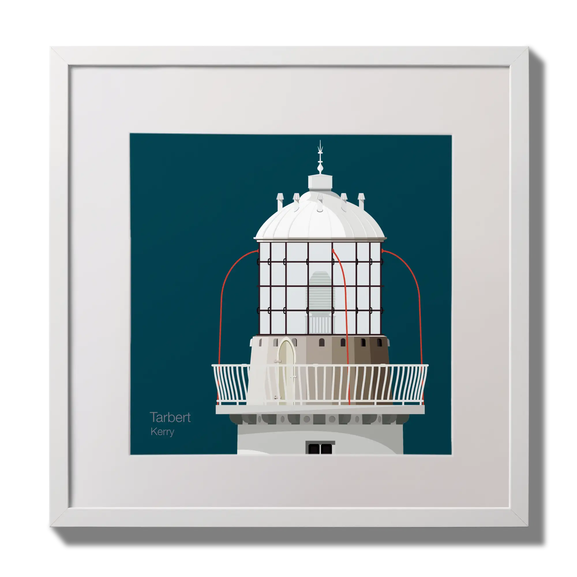 Illustration Tarbert lighthouse on a midnight blue background,  in a white square frame measuring 30x30cm.