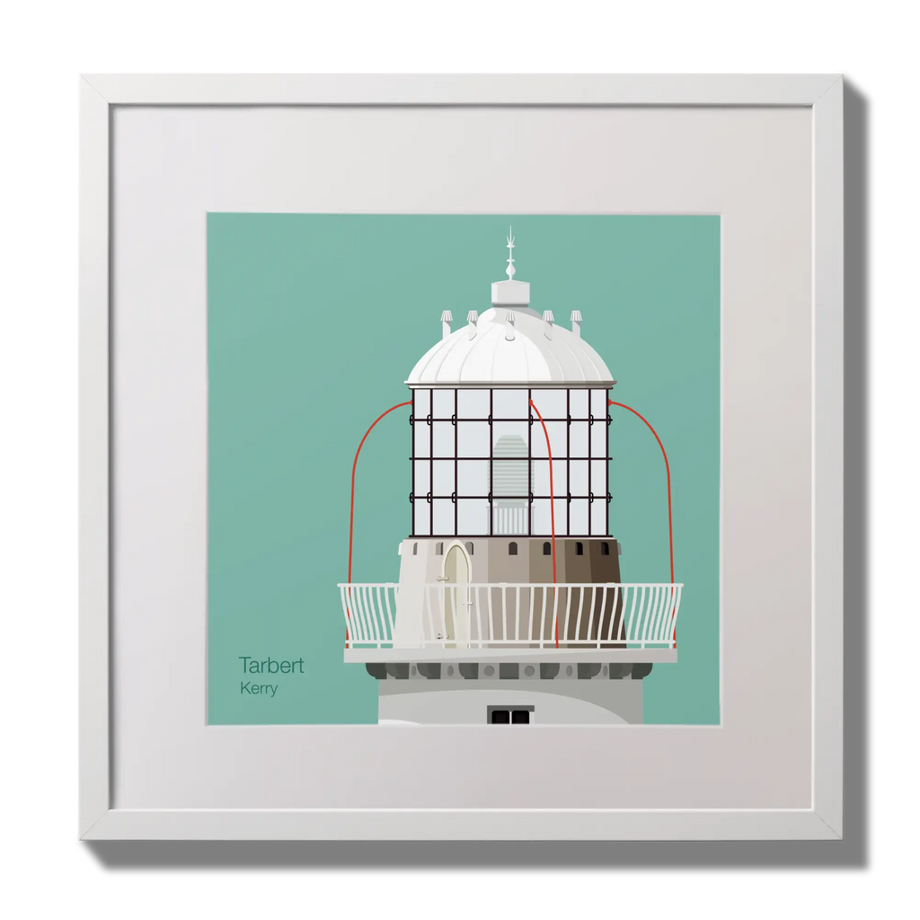 Illustration Tarbert lighthouse on an ocean green background,  in a white square frame measuring 30x30cm.