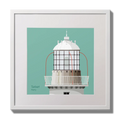 Illustration Tarbert lighthouse on an ocean green background,  in a white square frame measuring 30x30cm.