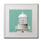 Illustration Tarbert lighthouse on an ocean green background,  in a white square frame measuring 30x30cm.
