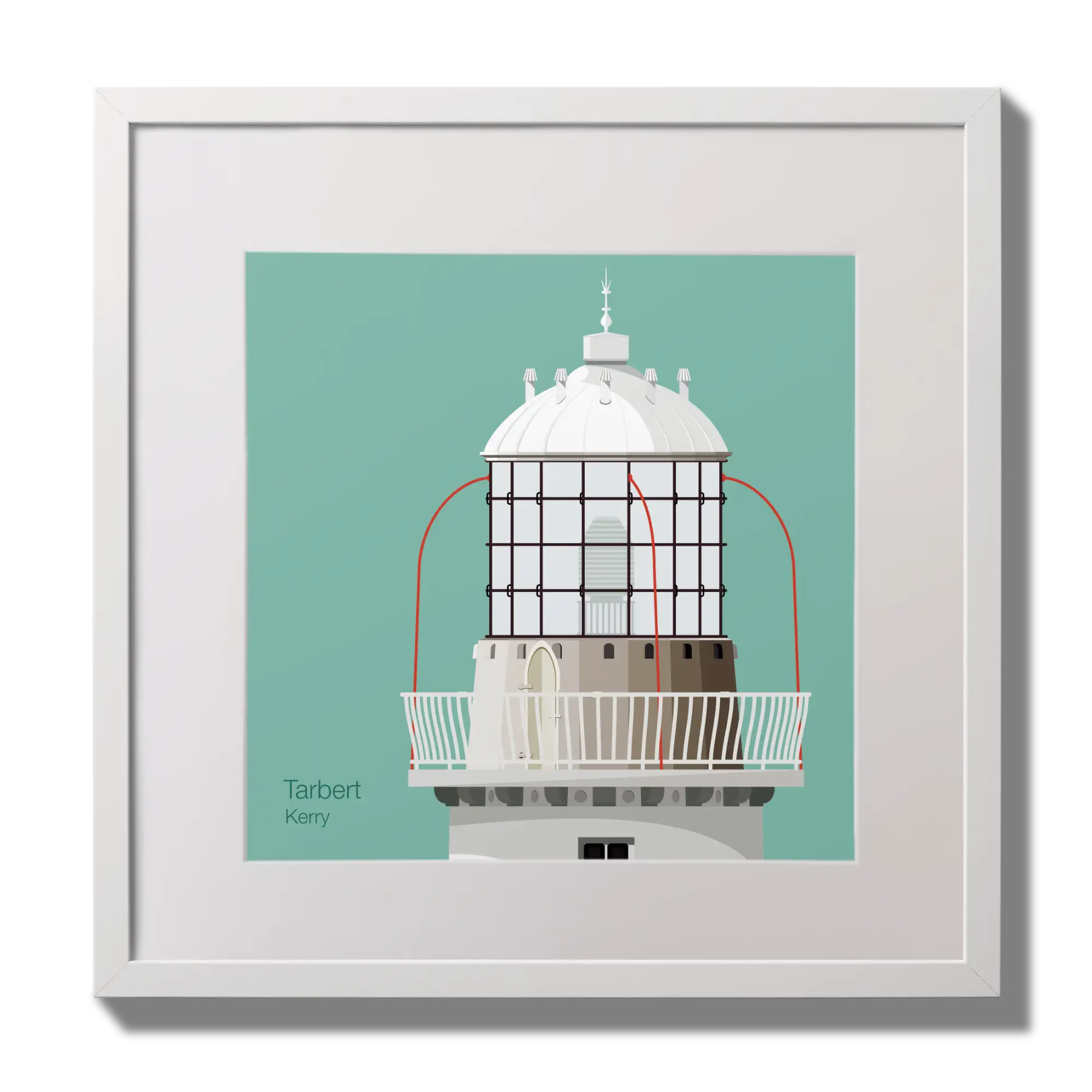 Illustration Tarbert lighthouse on an ocean green background,  in a white square frame measuring 30x30cm.