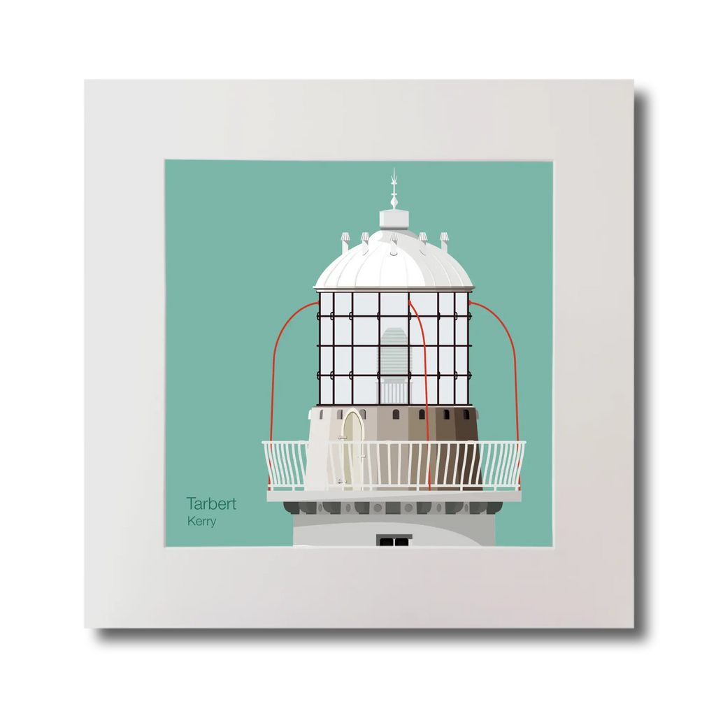 Illustration Tarbert lighthouse on an ocean green background, mounted and measuring 30x30cm.