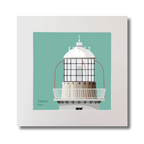 Illustration Tarbert lighthouse on an ocean green background, mounted and measuring 30x30cm.