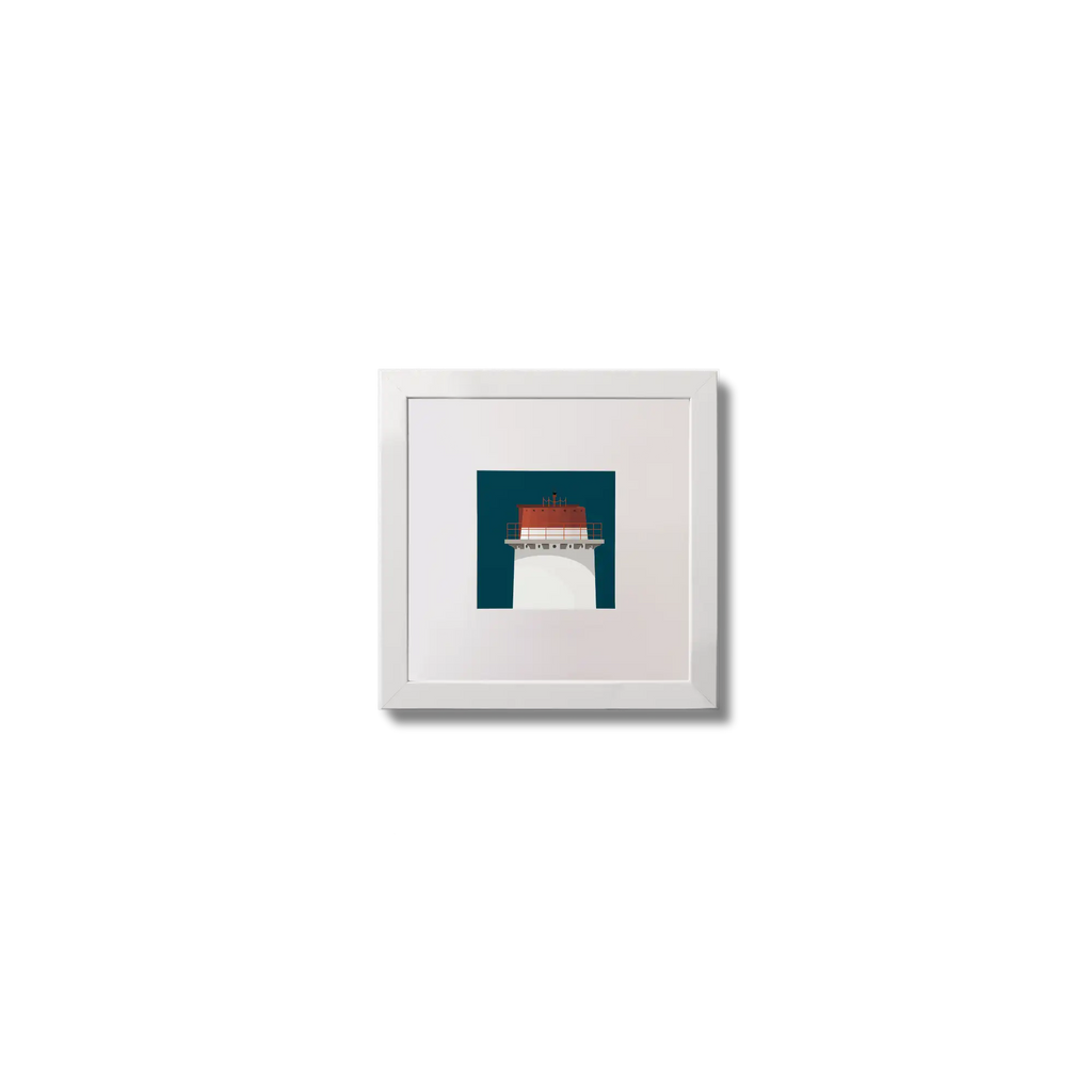 Contemporary wall art Angus Rock lighthouse on a midnight blue background,  in a white square frame measuring 10x10cm.