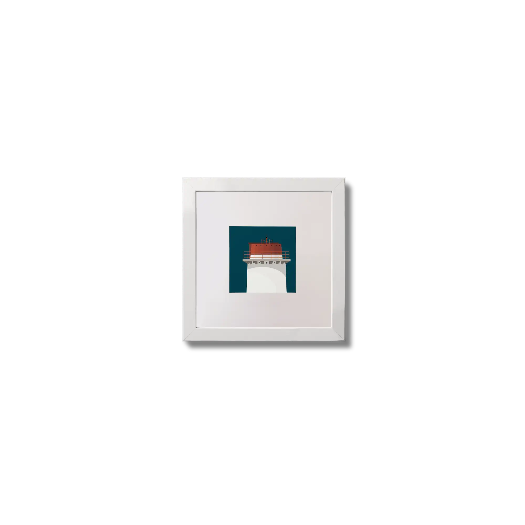Contemporary wall art Angus Rock lighthouse on a midnight blue background,  in a white square frame measuring 10x10cm.