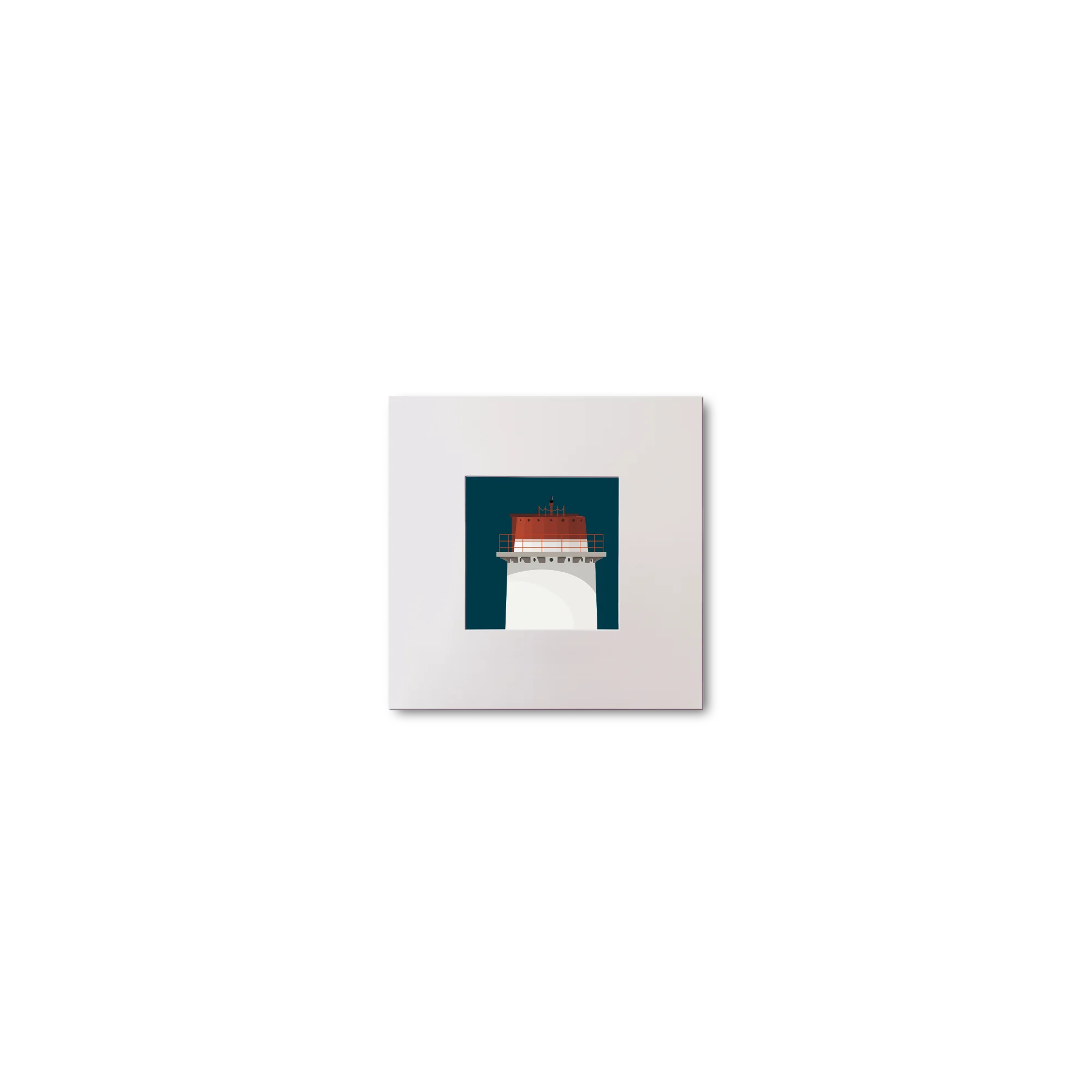 Illustration Angus Rock lighthouse on a midnight blue background, mounted and measuring 10x10cm.