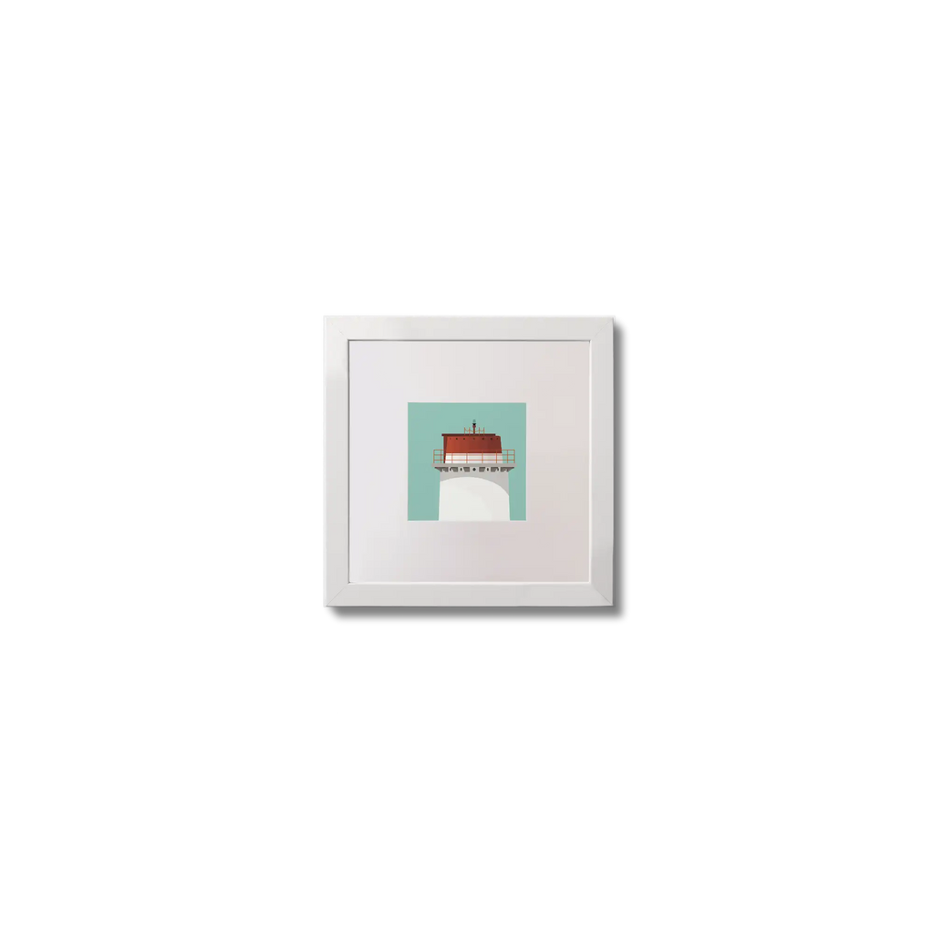 Illustration Angus Rock lighthouse on an ocean green background,  in a white square frame measuring 10x10cm.