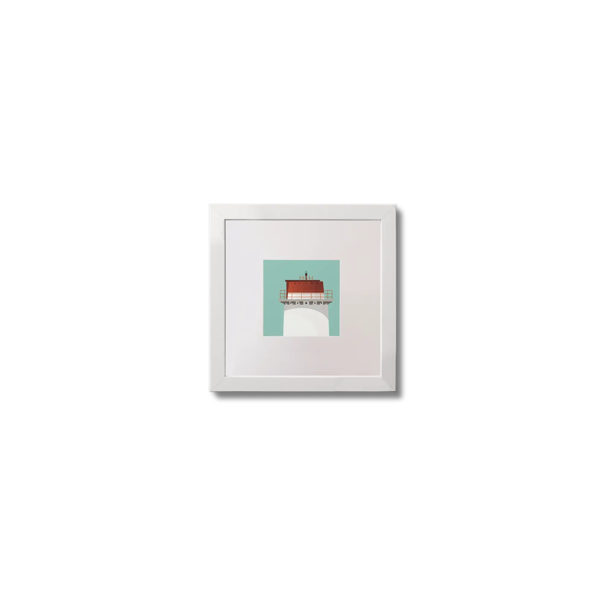 Illustration Angus Rock lighthouse on an ocean green background,  in a white square frame measuring 10x10cm.
