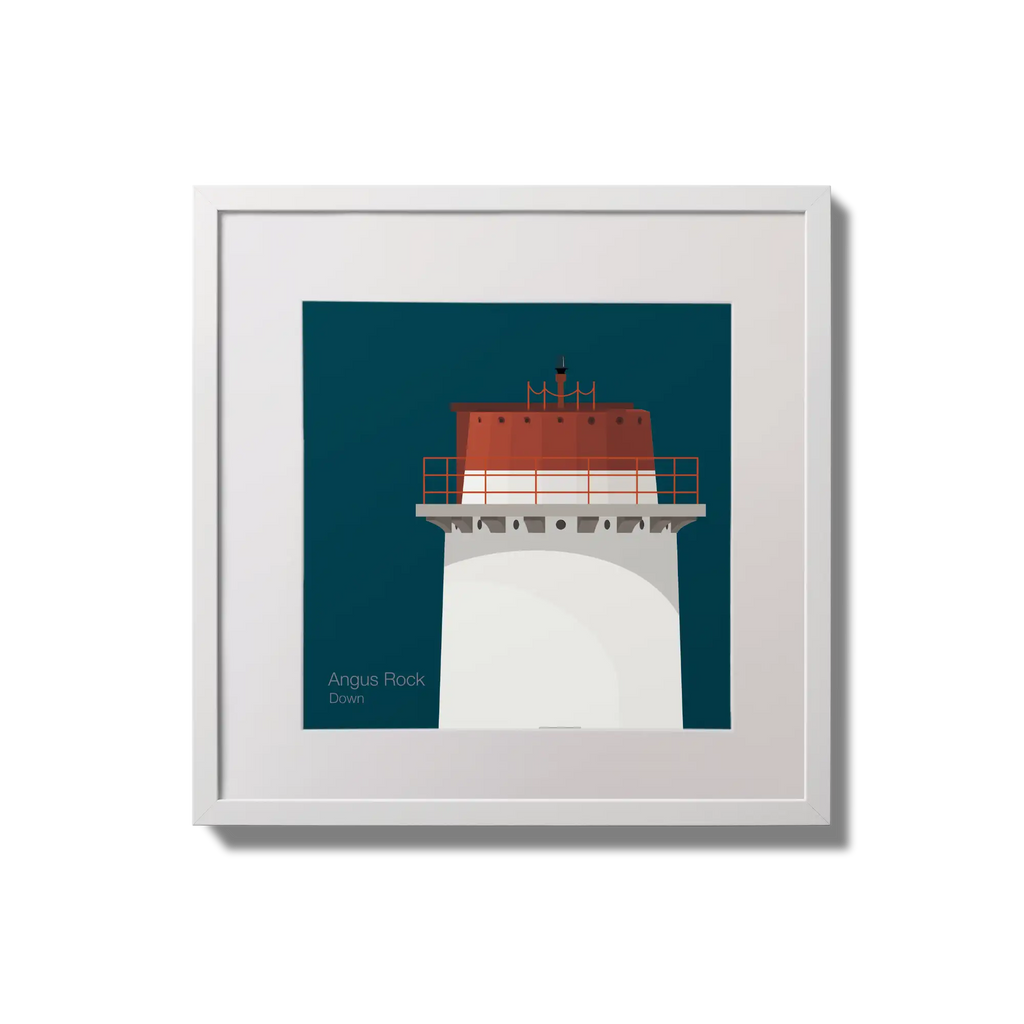 Framed wall art decoration Angus Rock lighthouse on a midnight blue background,  in a white square frame measuring 20x20cm.