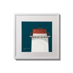 Framed wall art decoration Angus Rock lighthouse on a midnight blue background,  in a white square frame measuring 20x20cm.