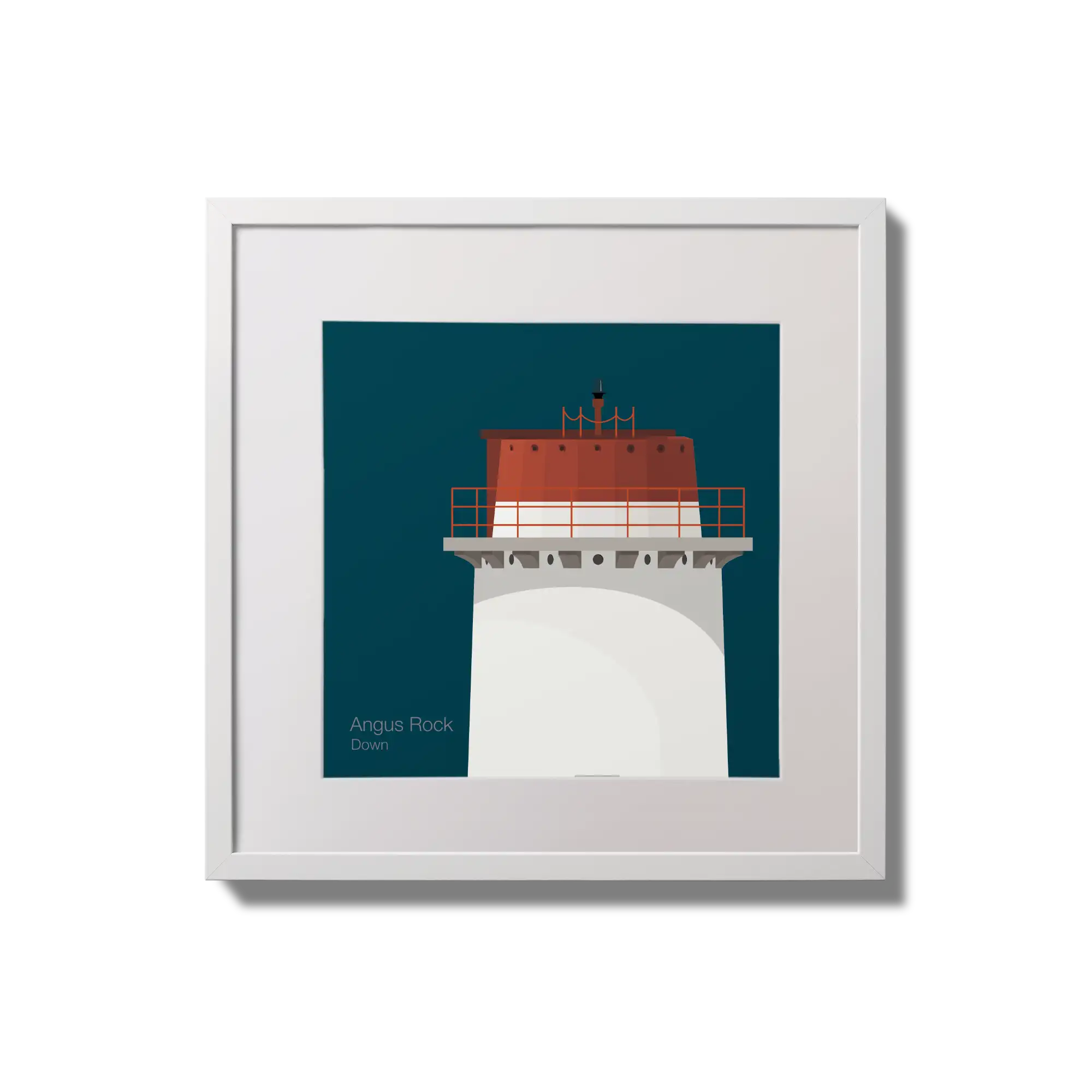 Framed wall art decoration Angus Rock lighthouse on a midnight blue background,  in a white square frame measuring 20x20cm.
