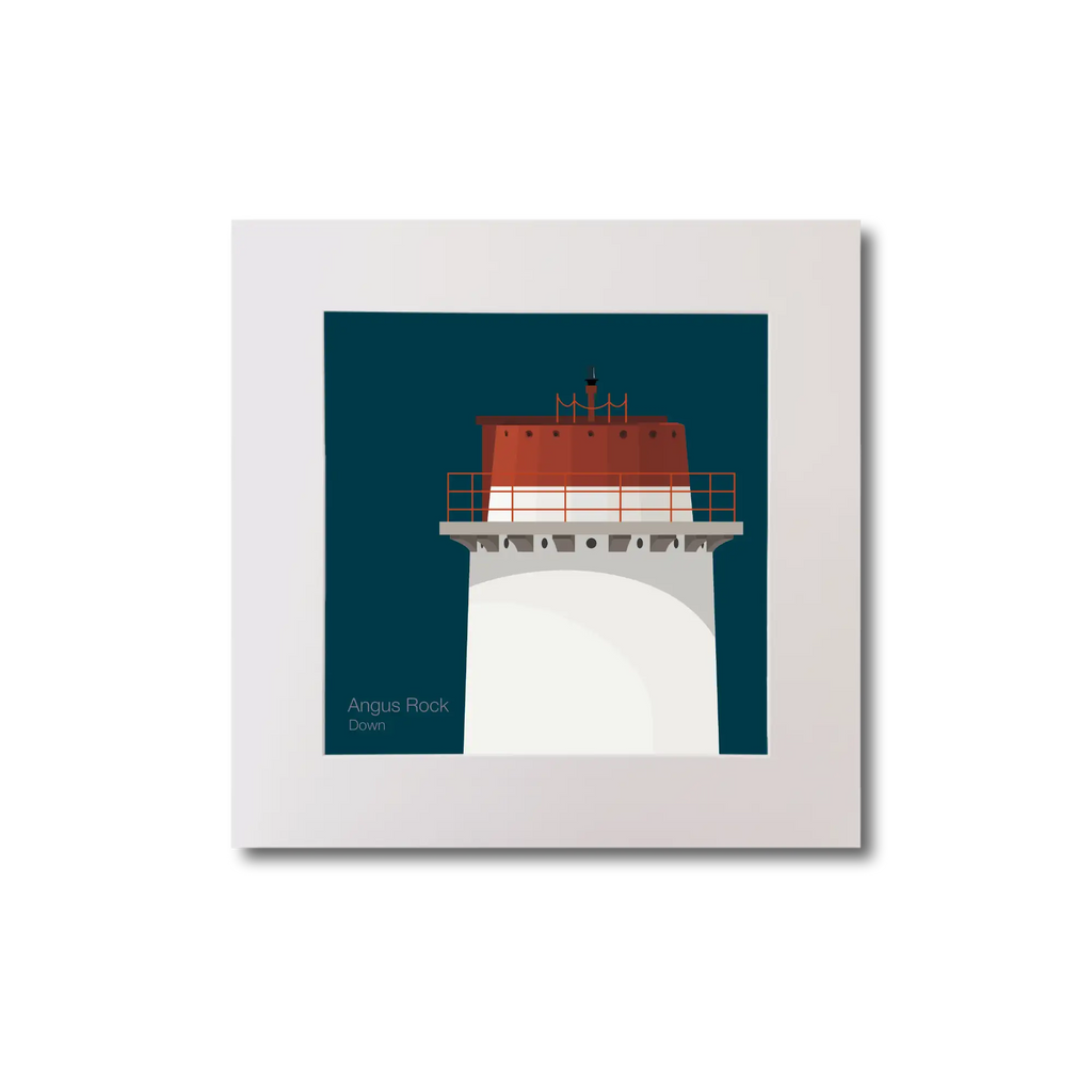 Illustration Angus Rock lighthouse on a midnight blue background, mounted and measuring 20x20cm.