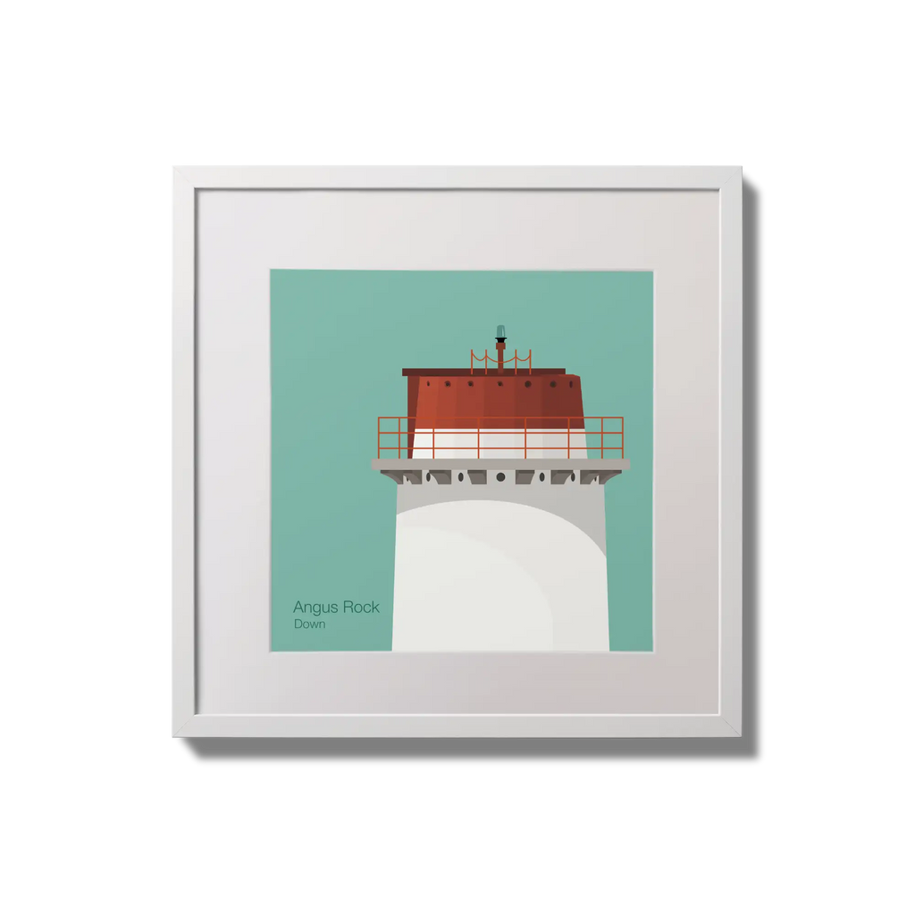 Contemporary wall hanging Angus Rock lighthouse on an ocean green background,  in a white square frame measuring 20x20cm.