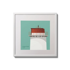 Contemporary wall hanging Angus Rock lighthouse on an ocean green background,  in a white square frame measuring 20x20cm.