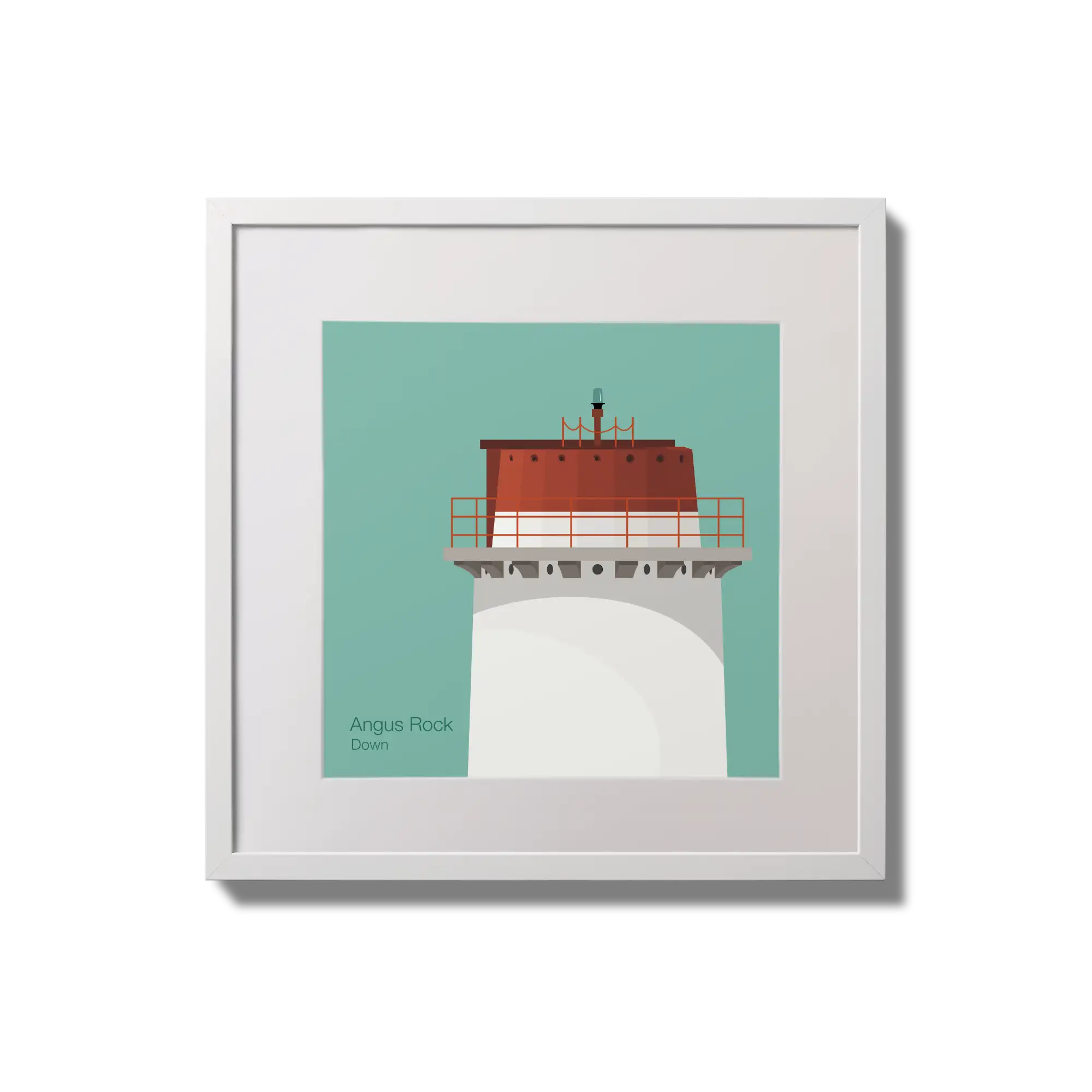 Contemporary wall hanging Angus Rock lighthouse on an ocean green background,  in a white square frame measuring 20x20cm.