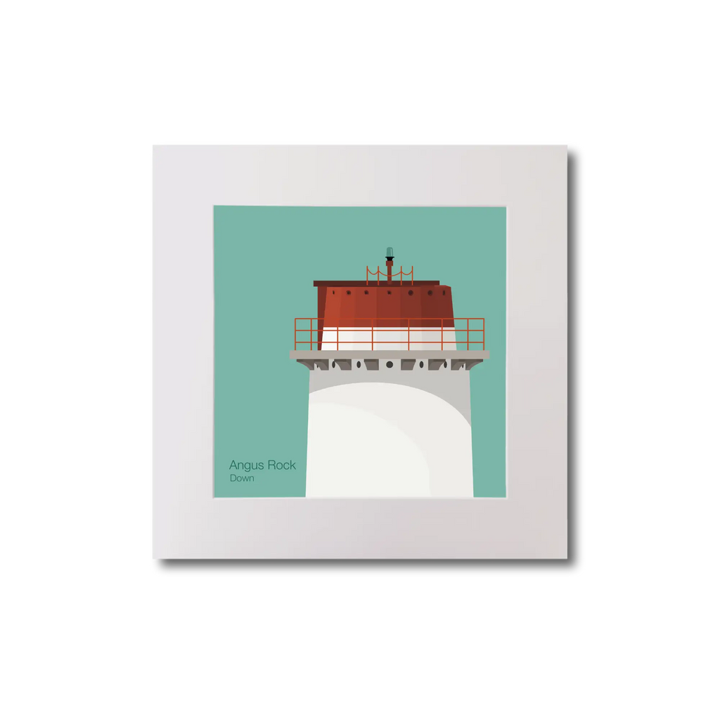 Illustration Angus Rock lighthouse on an ocean green background, mounted and measuring 20x20cm.