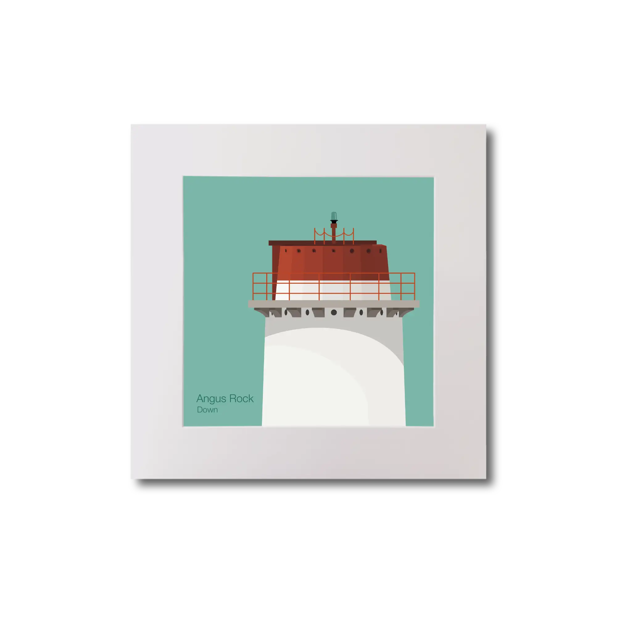 Illustration Angus Rock lighthouse on an ocean green background, mounted and measuring 20x20cm.