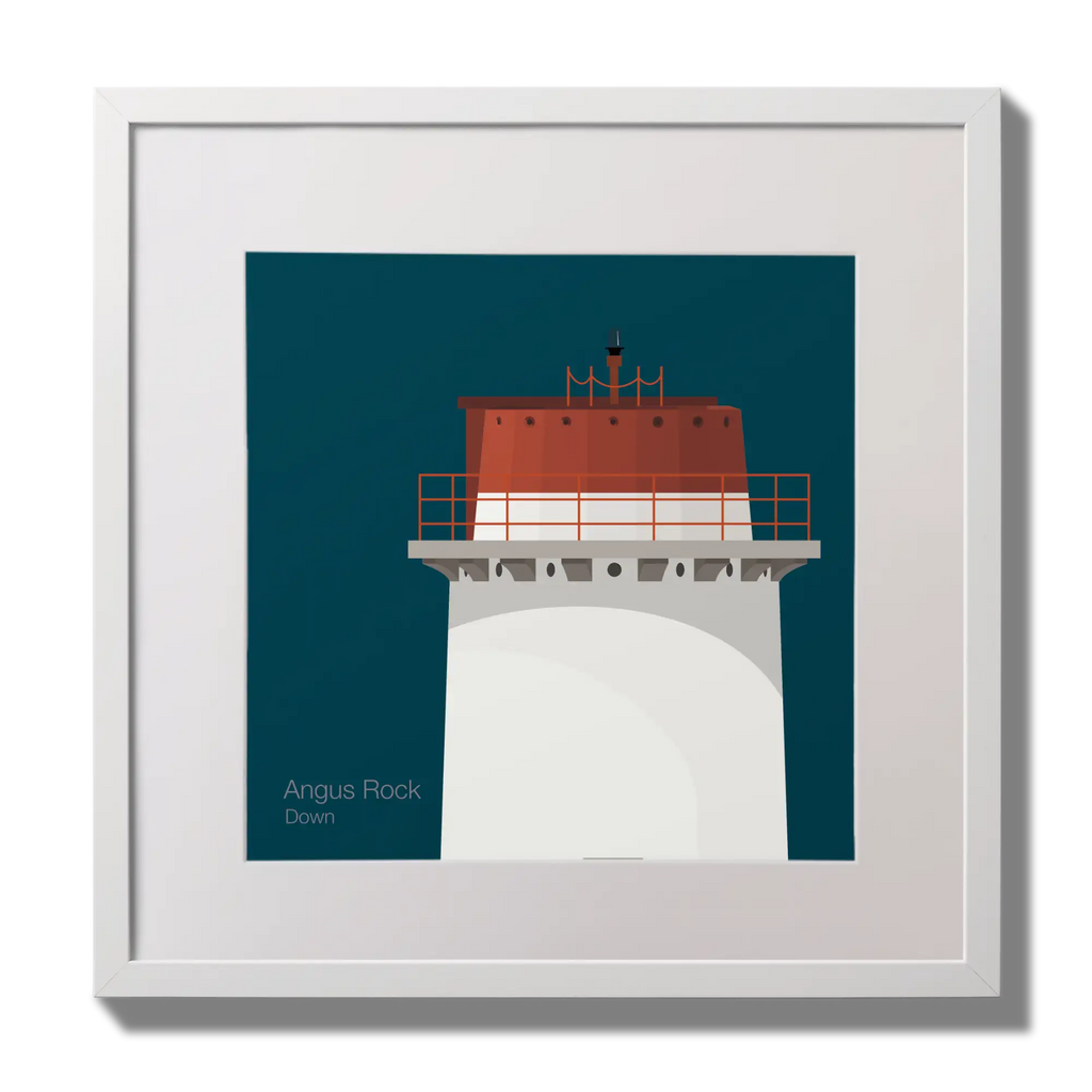 Illustration Angus Rock lighthouse on a midnight blue background,  in a white square frame measuring 30x30cm.