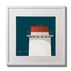 Illustration Angus Rock lighthouse on a midnight blue background,  in a white square frame measuring 30x30cm.