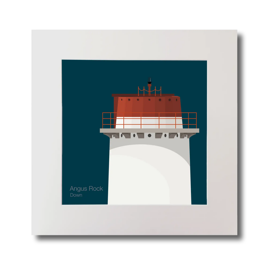 Illustration Angus Rock lighthouse on a midnight blue background, mounted and measuring 30x30cm.