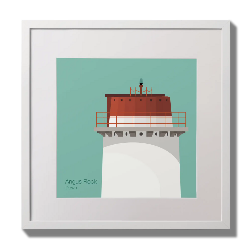 Illustration Angus Rock lighthouse on an ocean green background,  in a white square frame measuring 30x30cm.