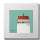 Illustration Angus Rock lighthouse on an ocean green background,  in a white square frame measuring 30x30cm.