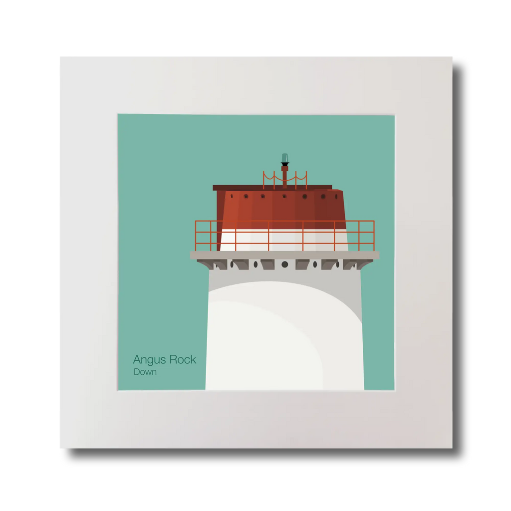 Illustration Angus Rock lighthouse on an ocean green background, mounted and measuring 30x30cm.