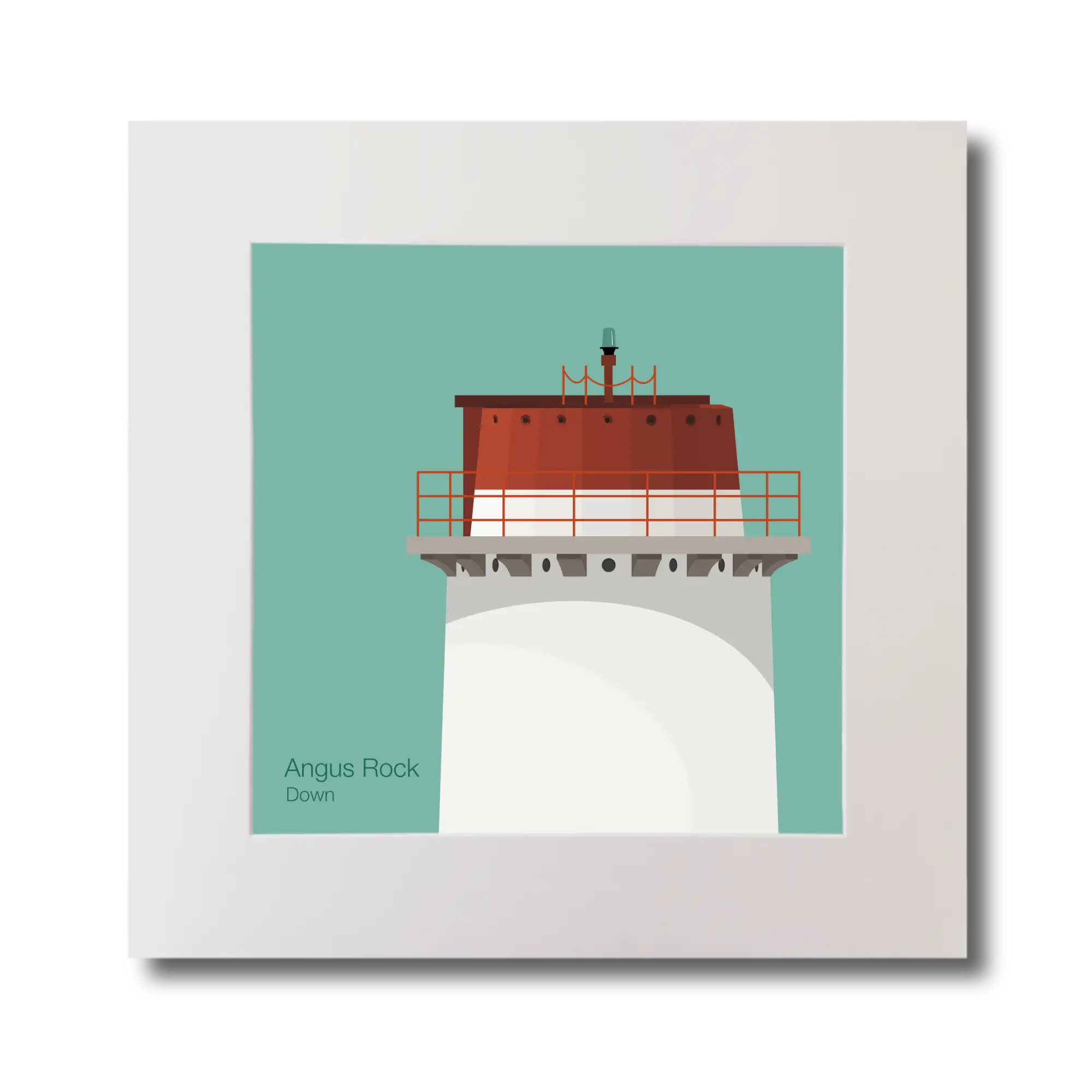 Illustration Angus Rock lighthouse on an ocean green background, mounted and measuring 30x30cm.