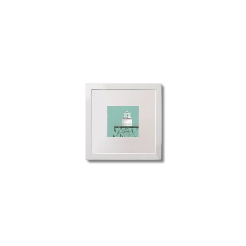 Illustration  Dundalk lighthouse on an ocean green background,  in a white square frame measuring 10x10cm.