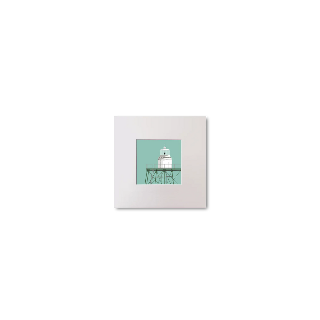 Illustration  Dundalk lighthouse on an ocean green background, mounted and measuring 10x10cm.