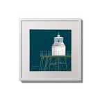 Framed wall art decoration  Dundalk lighthouse on a midnight blue background,  in a white square frame measuring 20x20cm.