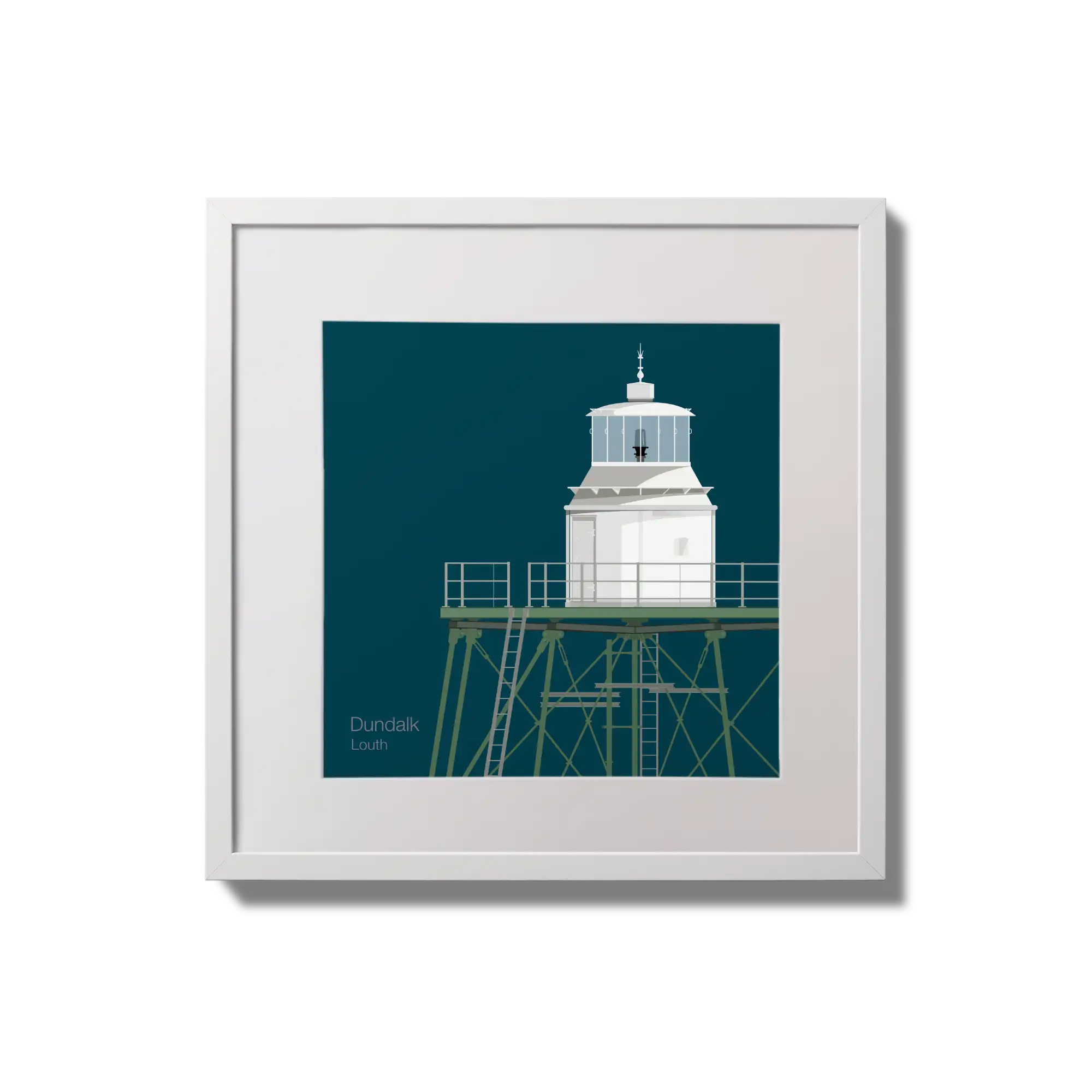 Framed wall art decoration  Dundalk lighthouse on a midnight blue background,  in a white square frame measuring 20x20cm.