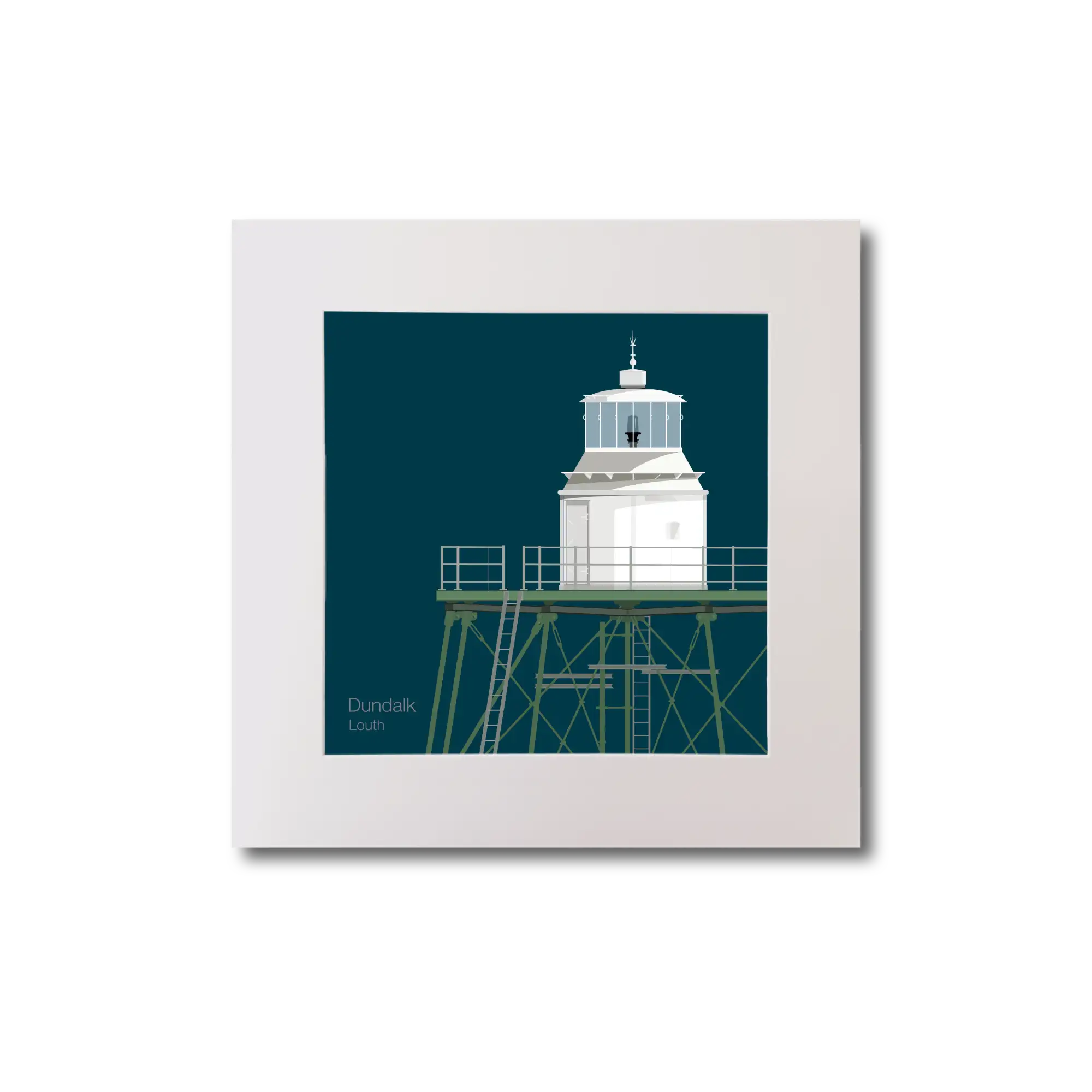 Illustration  Dundalk lighthouse on a midnight blue background, mounted and measuring 20x20cm.