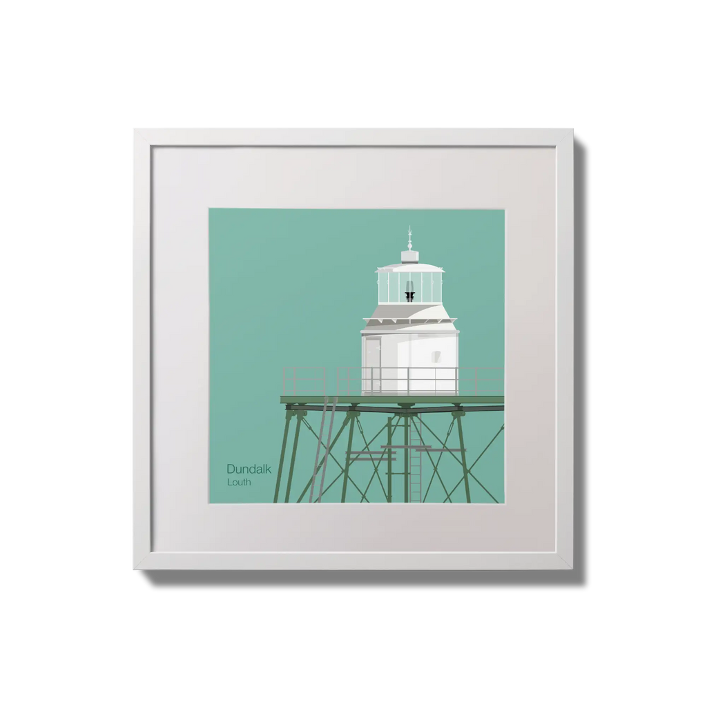 Contemporary wall hanging  Dundalk lighthouse on an ocean green background,  in a white square frame measuring 20x20cm.