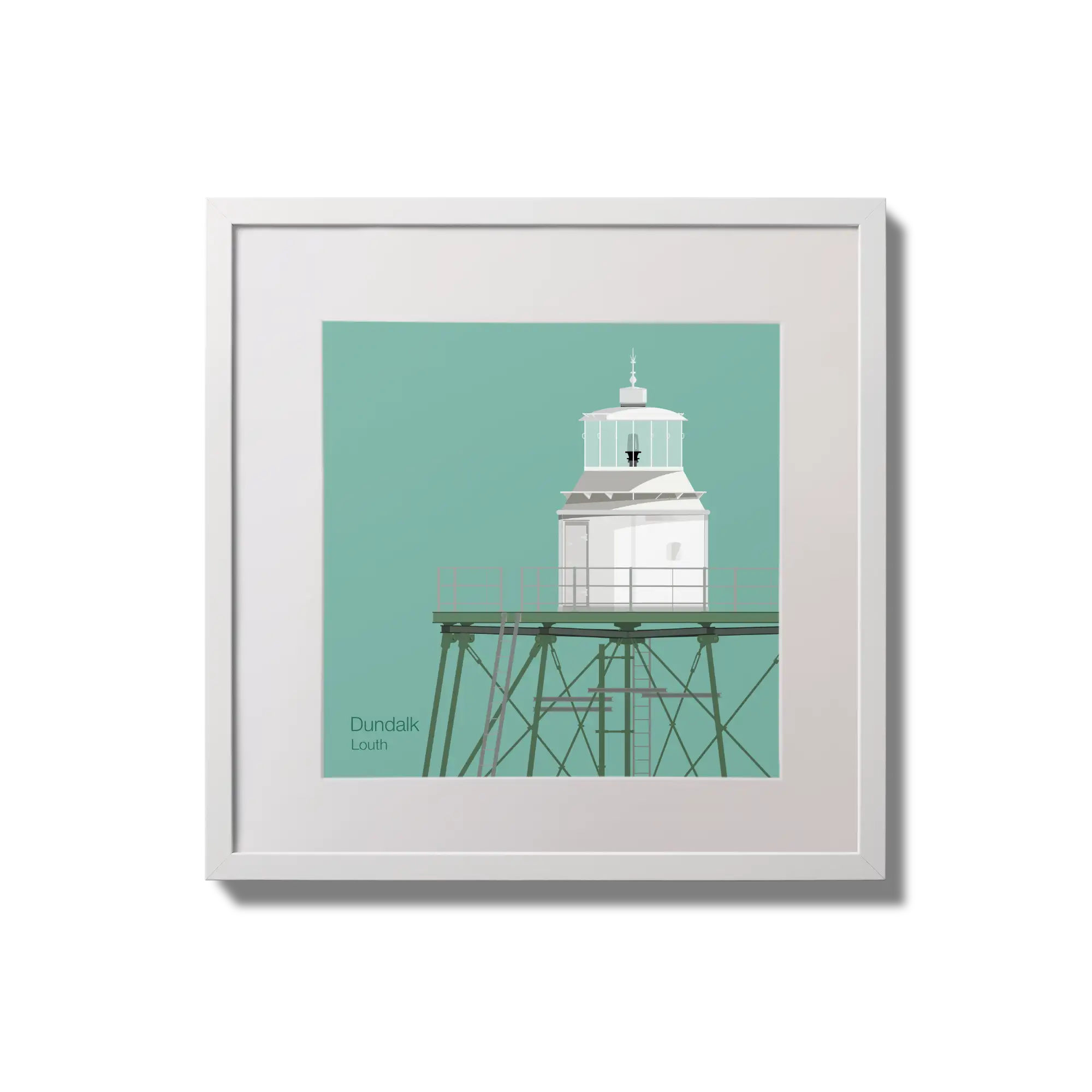 Contemporary wall hanging  Dundalk lighthouse on an ocean green background,  in a white square frame measuring 20x20cm.