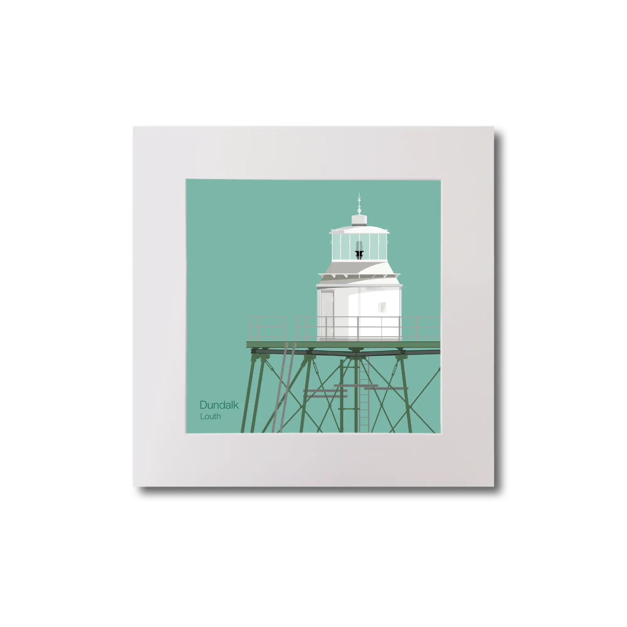Illustration  Dundalk lighthouse on an ocean green background, mounted and measuring 20x20cm.