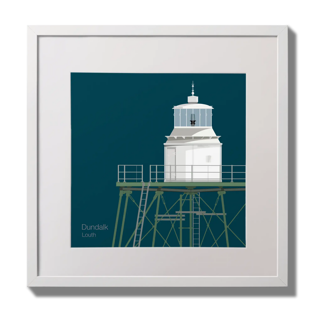 Illustration  Dundalk lighthouse on a midnight blue background,  in a white square frame measuring 30x30cm.