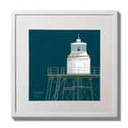 Illustration  Dundalk lighthouse on a midnight blue background,  in a white square frame measuring 30x30cm.