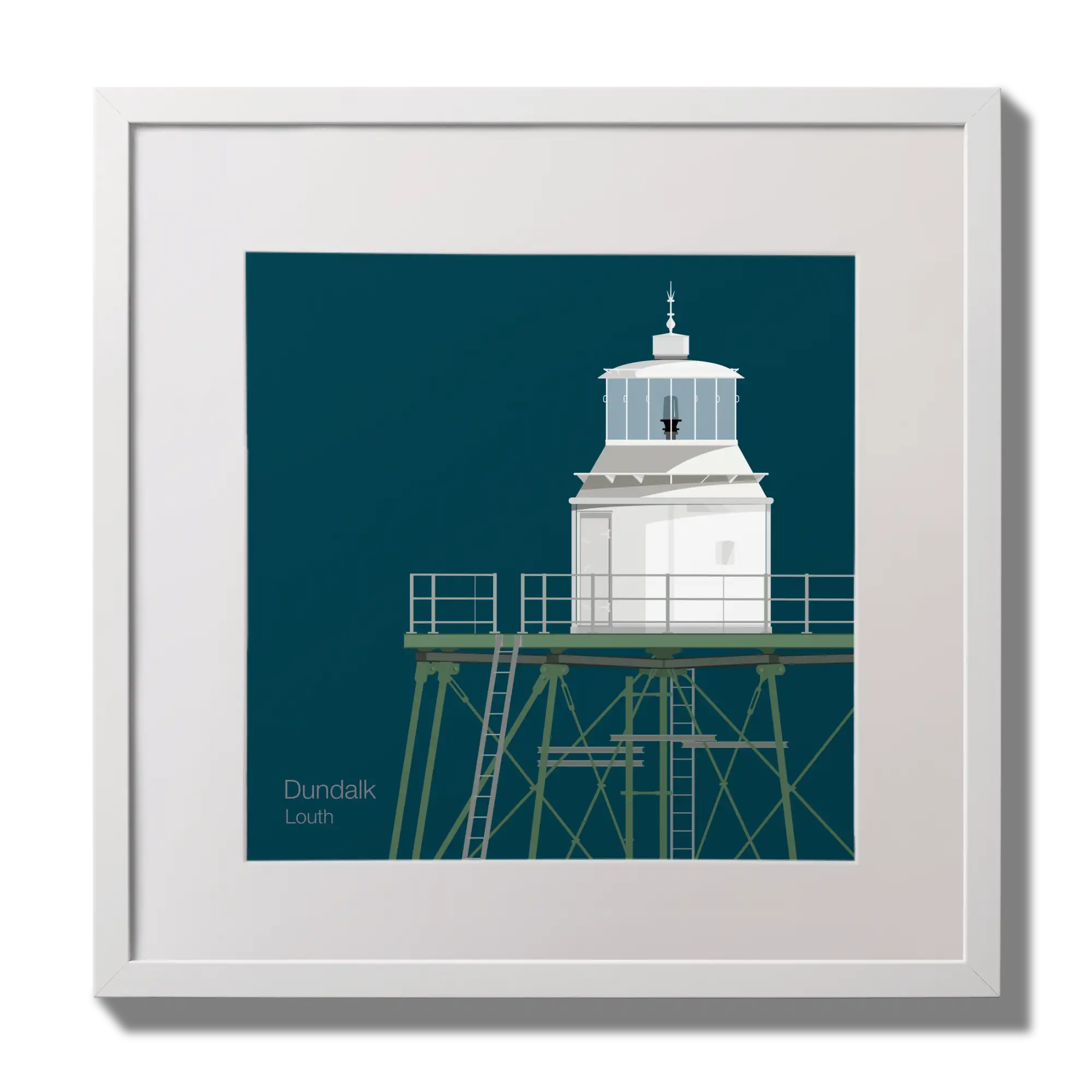 Illustration  Dundalk lighthouse on a midnight blue background,  in a white square frame measuring 30x30cm.