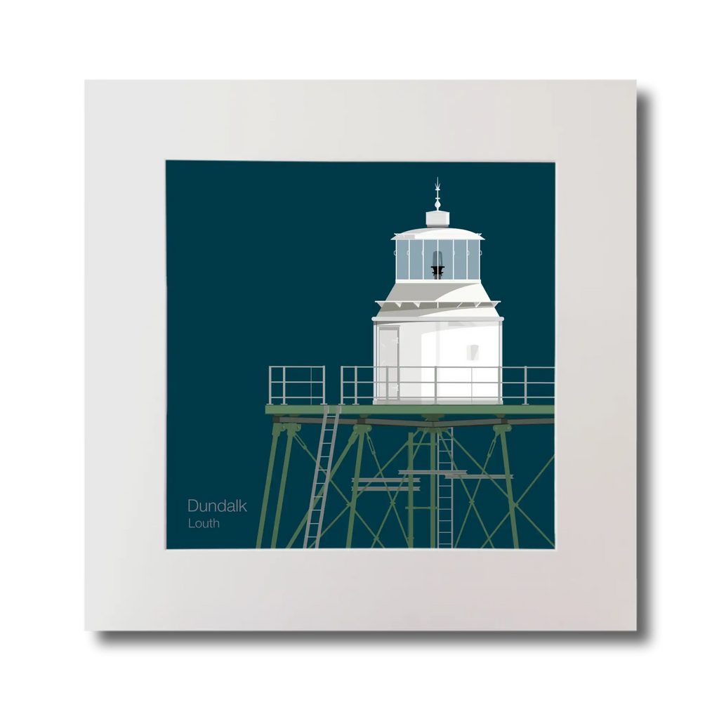 Illustration  Dundalk lighthouse on a midnight blue background, mounted and measuring 30x30cm.