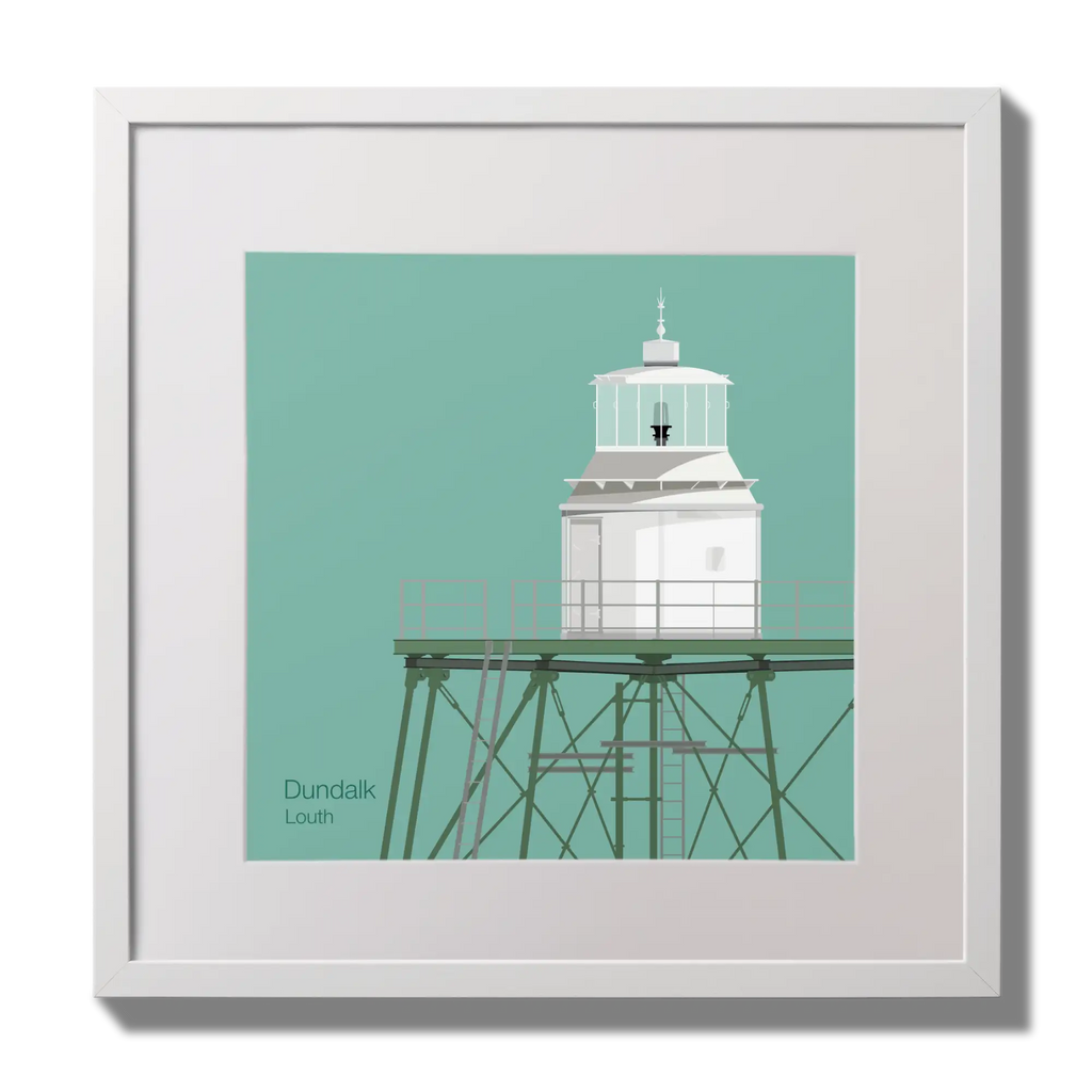 Illustration  Dundalk lighthouse on an ocean green background,  in a white square frame measuring 30x30cm.