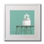 Illustration  Dundalk lighthouse on an ocean green background,  in a white square frame measuring 30x30cm.