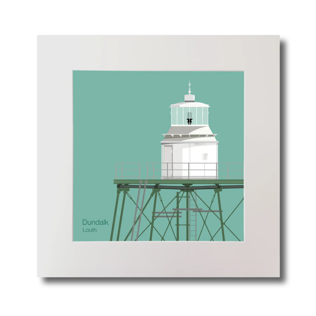 Illustration  Dundalk lighthouse on an ocean green background, mounted and measuring 30x30cm.