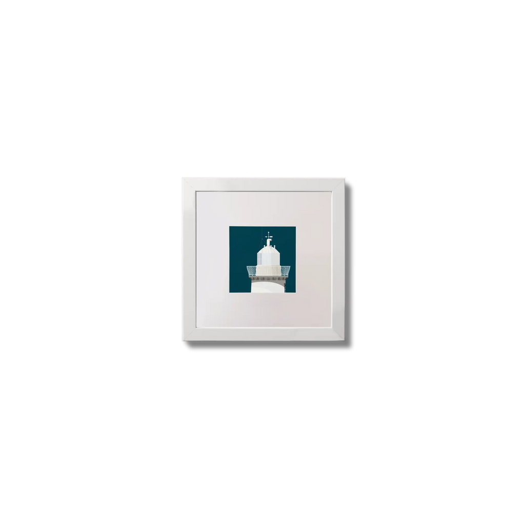 Contemporary wall art  Duncannon North lighthouse on a midnight blue background,  in a white square frame measuring 10x10cm.