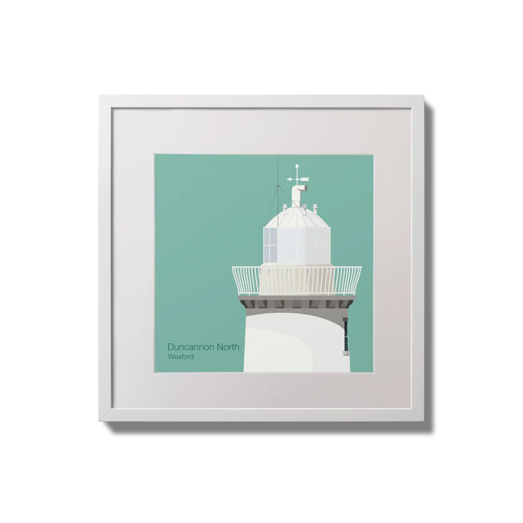 Contemporary wall hanging  Duncannon North lighthouse on an ocean green background,  in a white square frame measuring 20x20cm.